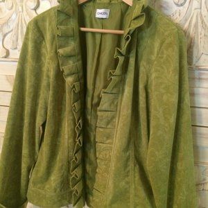 NEW Chico’s Jacket Blazer Jacquard Green Ruffles Open Front Lined L